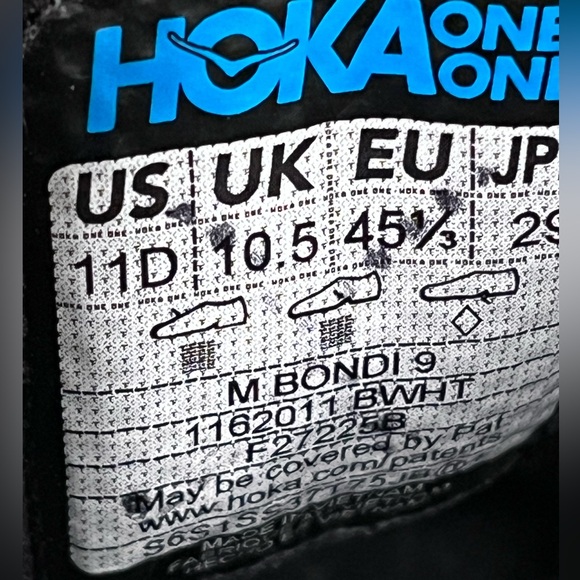 Hoka Bondi 9 Running Shoes. Men’s Size 11D Color Black / White - Picture 8 of 9